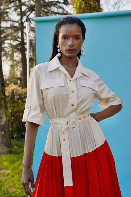 White Red Pleated detail dress 93504