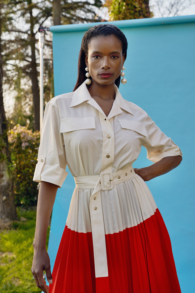 White Red Pleated detail dress 93504