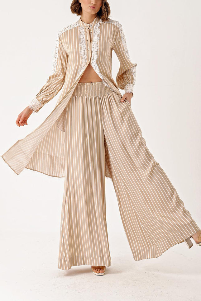 Beige Two-piece suit with lace detailed shirt and trousers 12321