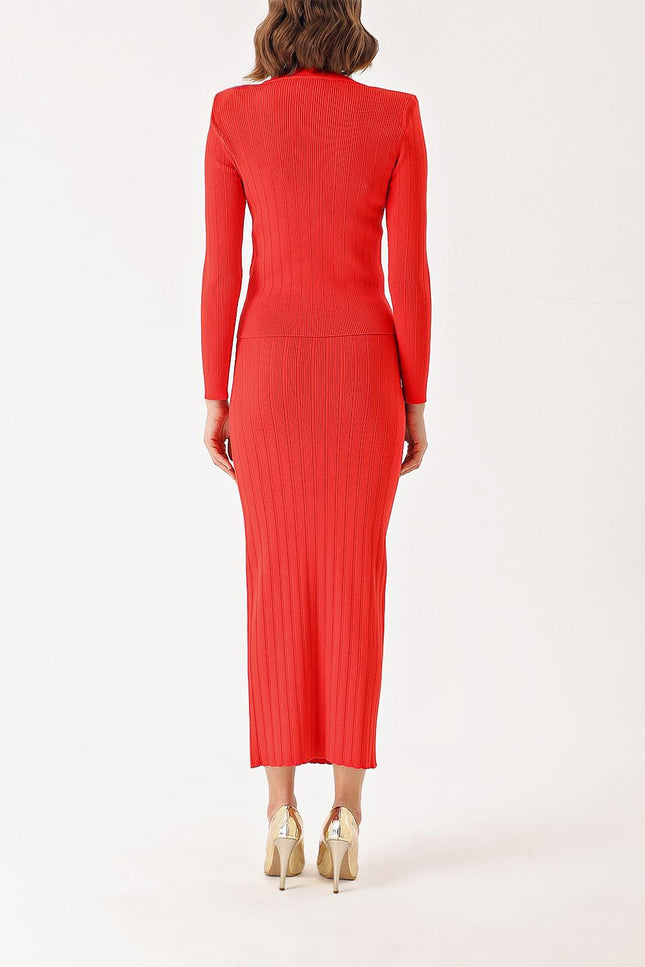 Red Button detailed sweater and skirt suit 28852