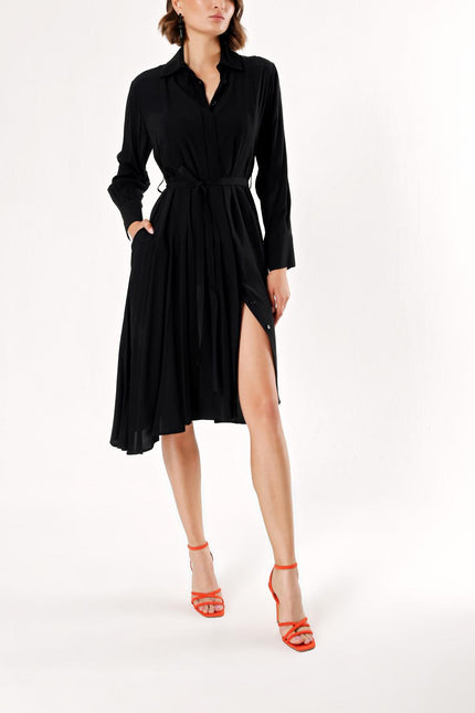 Black Wide cut pleat detail shirt dress 93828