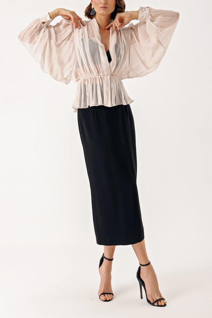 Beige Double-breasted, draped loose chiffon shirt 10829