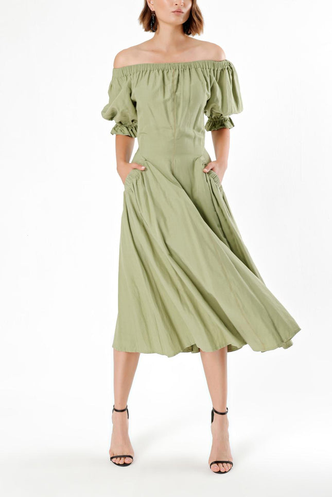 Green Off shoulder  elastic  linen dress  93569