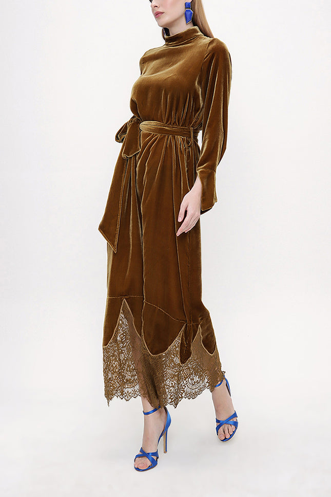 Olive Lace detail  silk velvet dress 93819