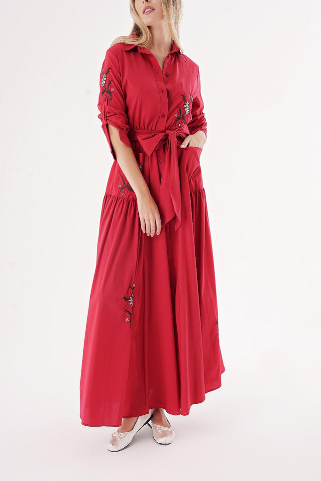 Red Taffeta embroidered maxi shirt dress 94497