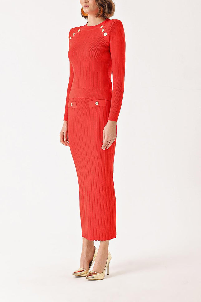 Red Button detailed sweater and skirt suit 28852