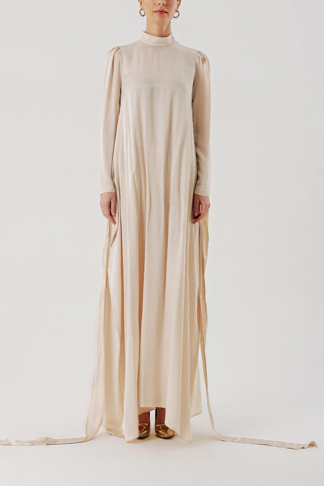 Beige Long dress with a tied waist 94204