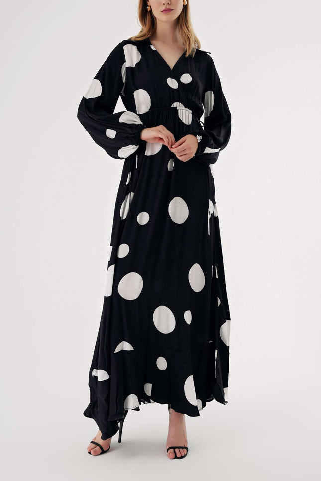 Black Wrap closure shirt collar long dress 94485