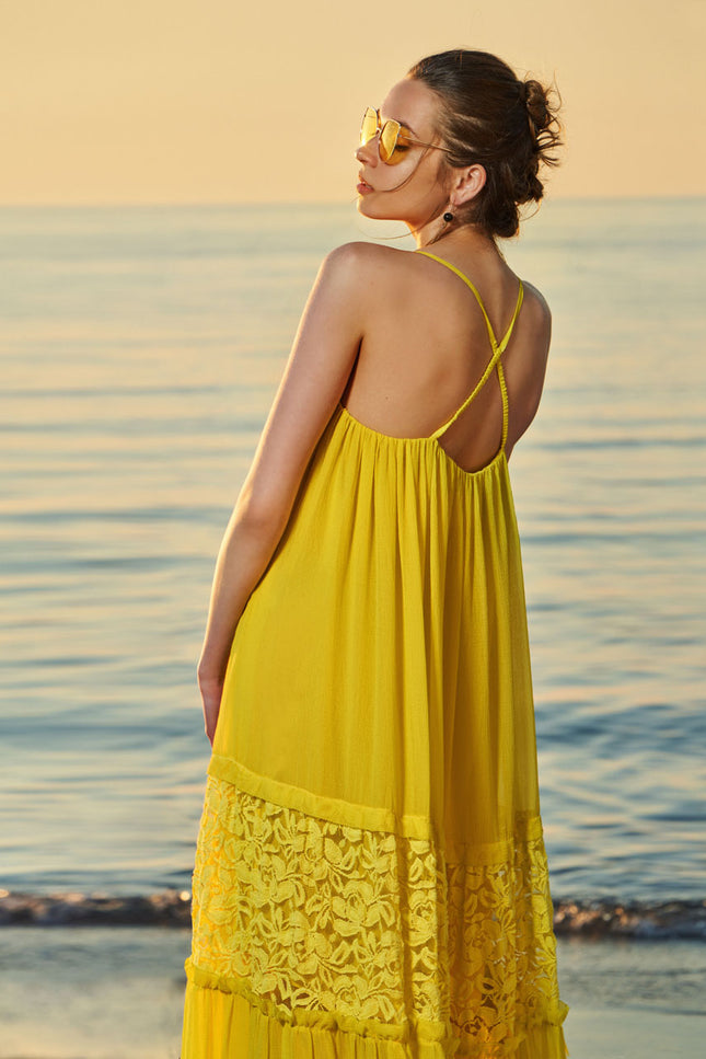 Yellow Ruffled wide cut lace dress 93555