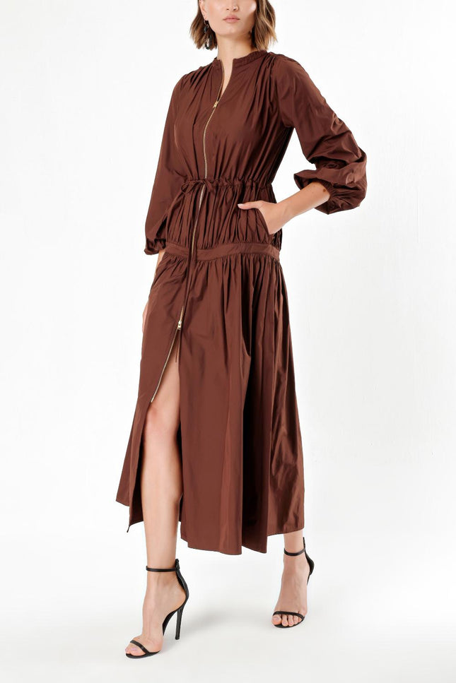 Brown Elastic waist pleated maxi dress 93842