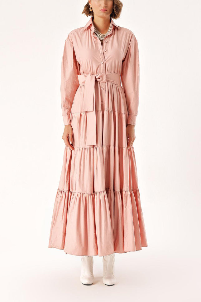 Salmon Long pleated dress with belt 94332