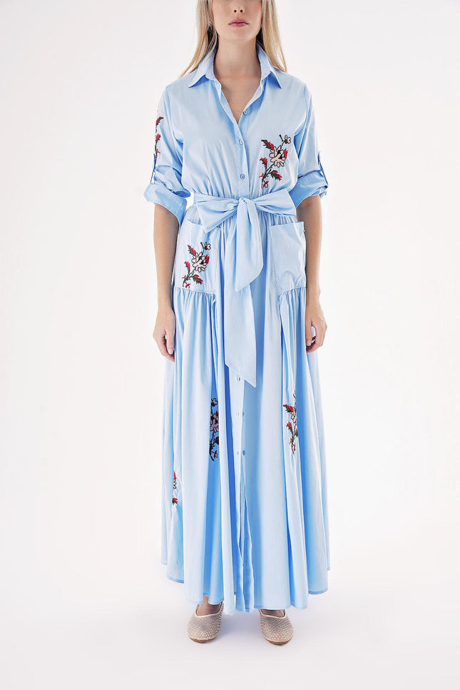 Light Blue Taffeta embroidered maxi shirt dress 94497