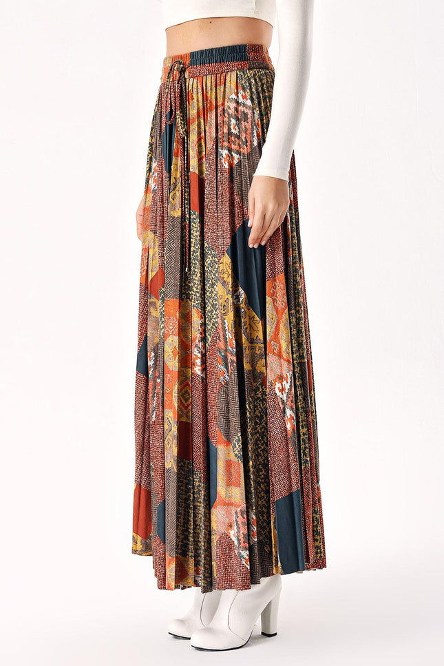 Patterned Pleated long skirt with elastic waist 81278