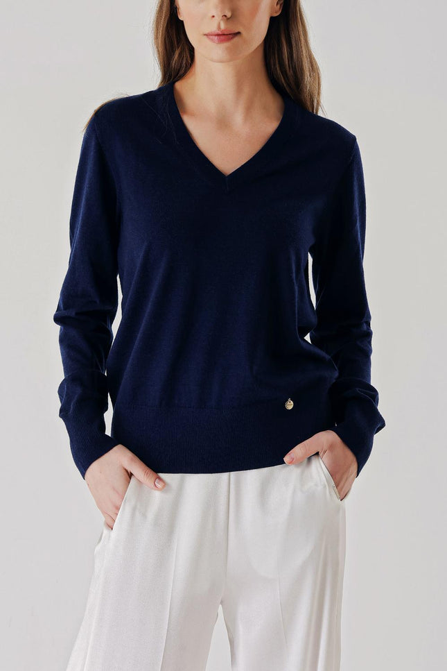 Navy Blue V-neck wool knit sweater 28868