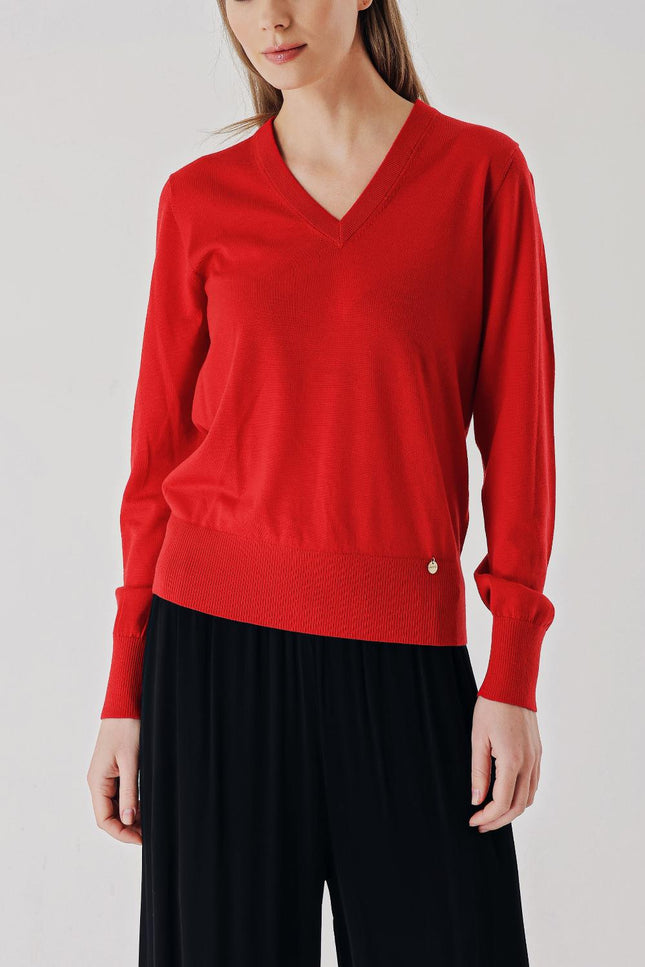 Red V-neck wool knit sweater 28868