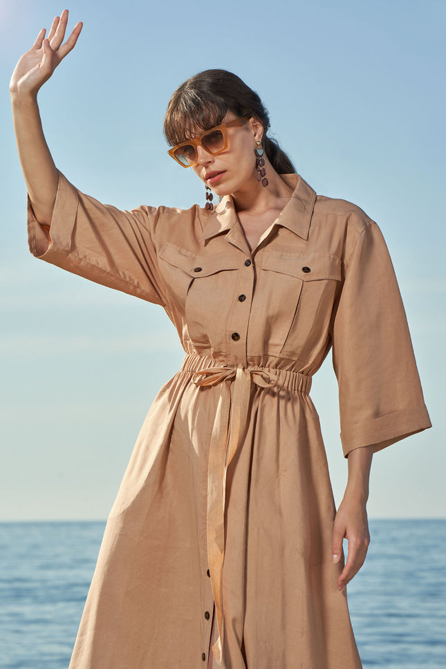 Beige Wide cut linen shirt dress 93564