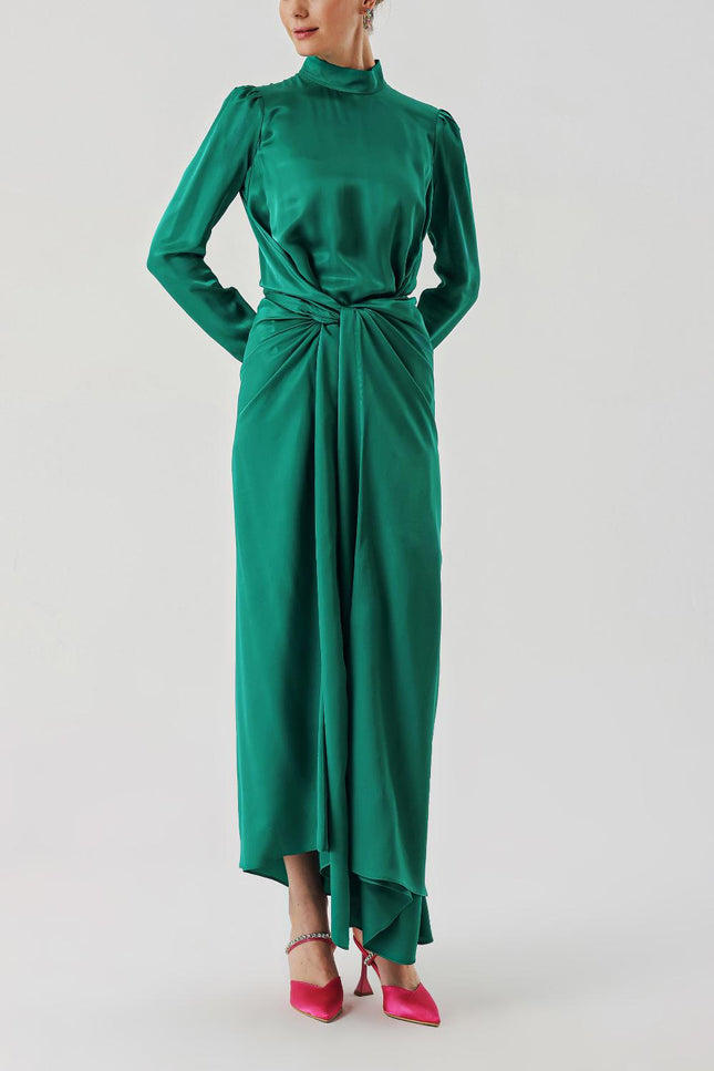 Green Long dress with a tied waist 94204