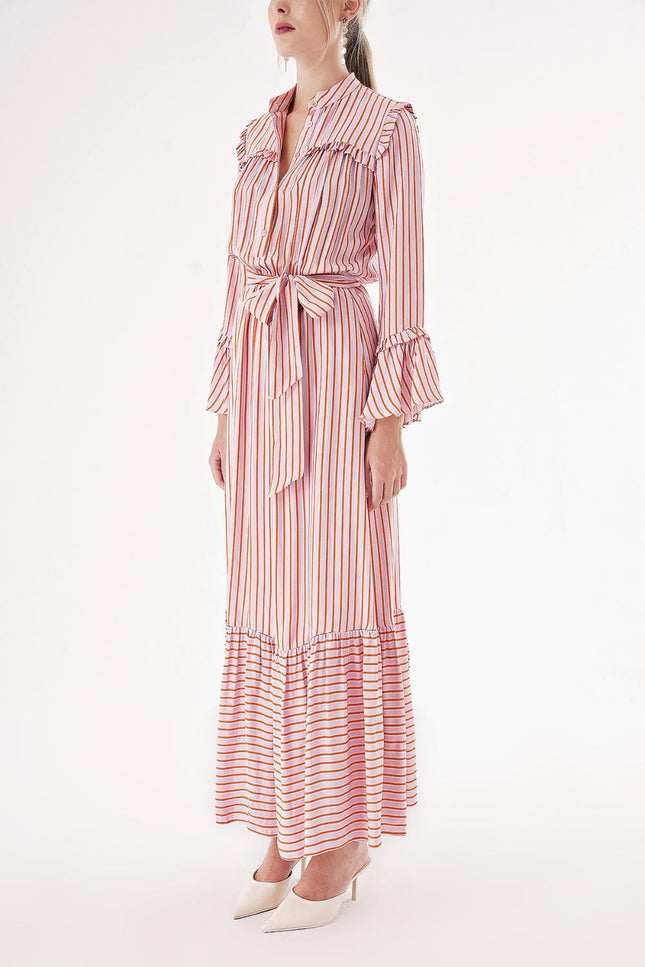 Striped Long dress with elasticated gathers at the waist 94541