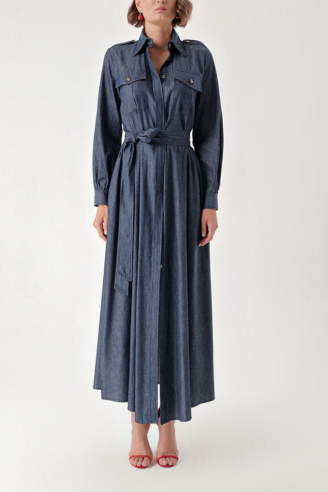 Navy Blue Long denim dress with snap detail 94372