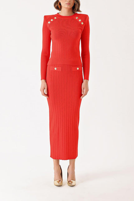 Red Button detailed sweater and skirt suit 28852