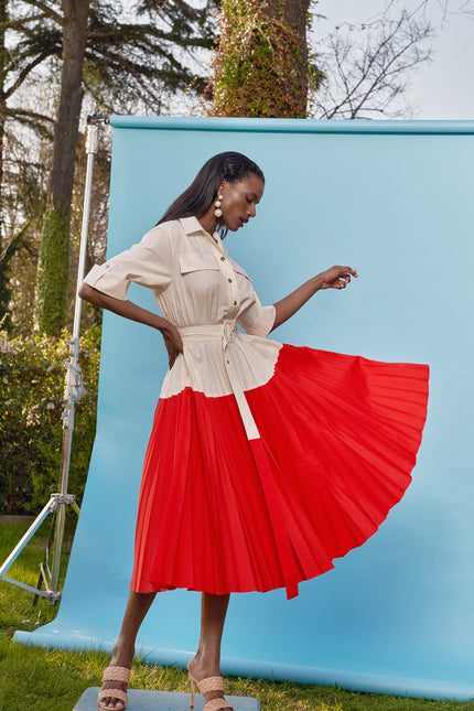 White Red Pleated detail dress 93504