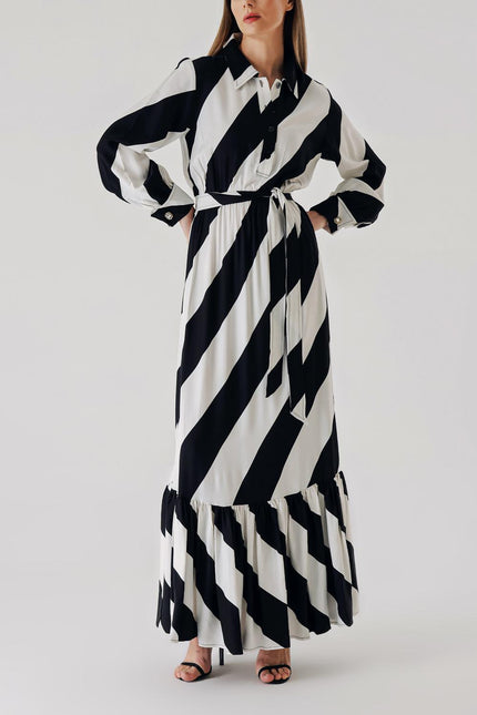 Black White Long dress with elasticated gathers at the waist 94289