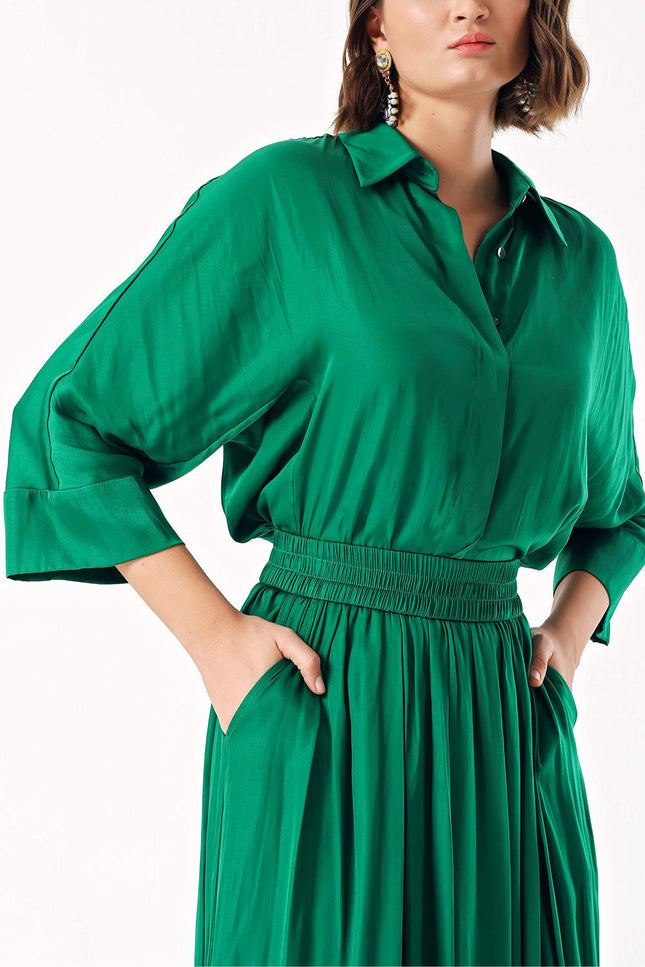 Green Elastic waist trousers and shirt set 12329