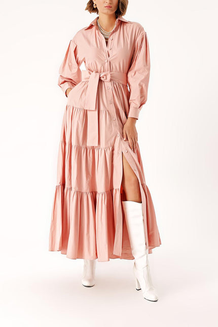 Salmon Long pleated dress with belt 94332