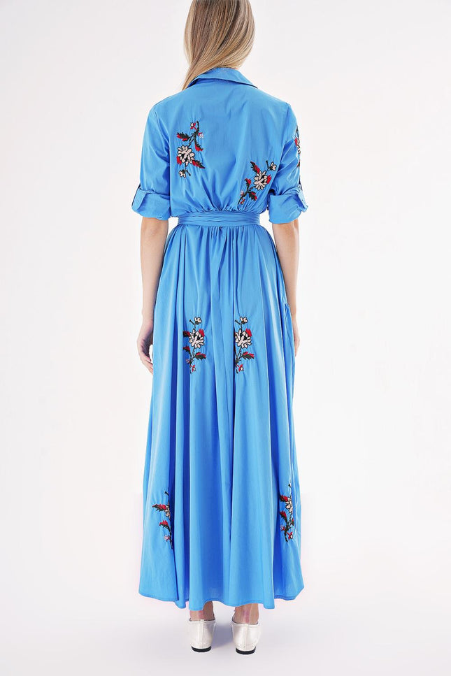 Blue Taffeta embroidered maxi shirt dress 94497