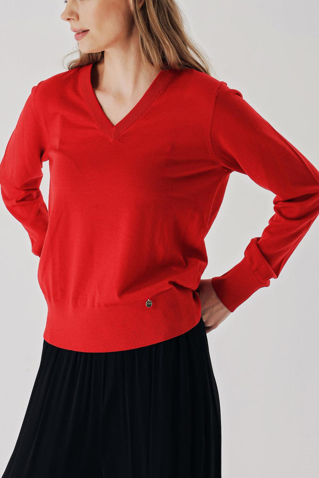 Red V-neck wool knit sweater 28868