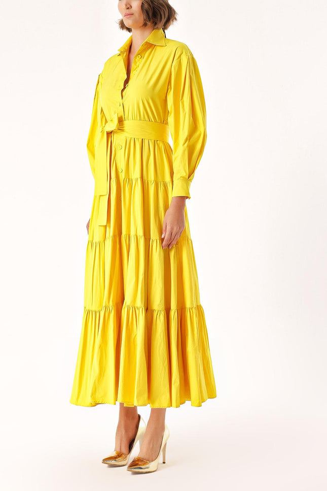 Yellow Long pleated dress with belt 94332