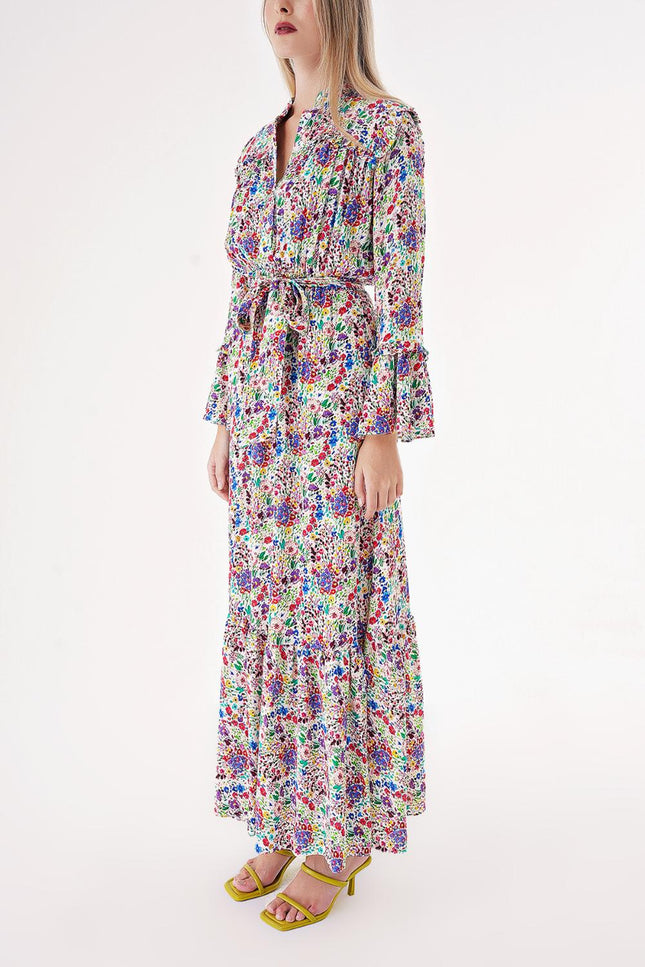 Floral Printed Long dress with elasticated gathers at the waist 94541