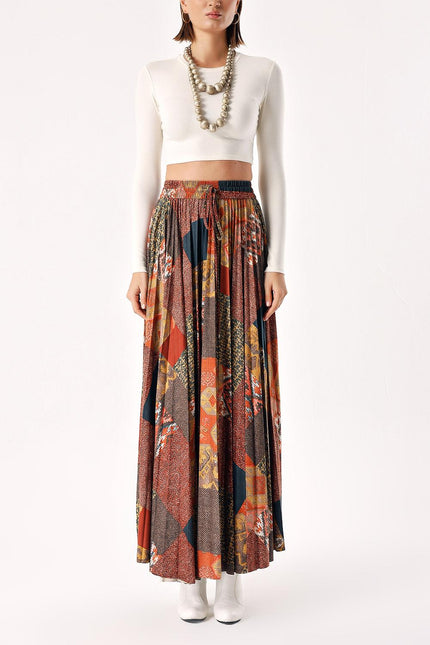 Patterned Pleated long skirt with elastic waist 81278