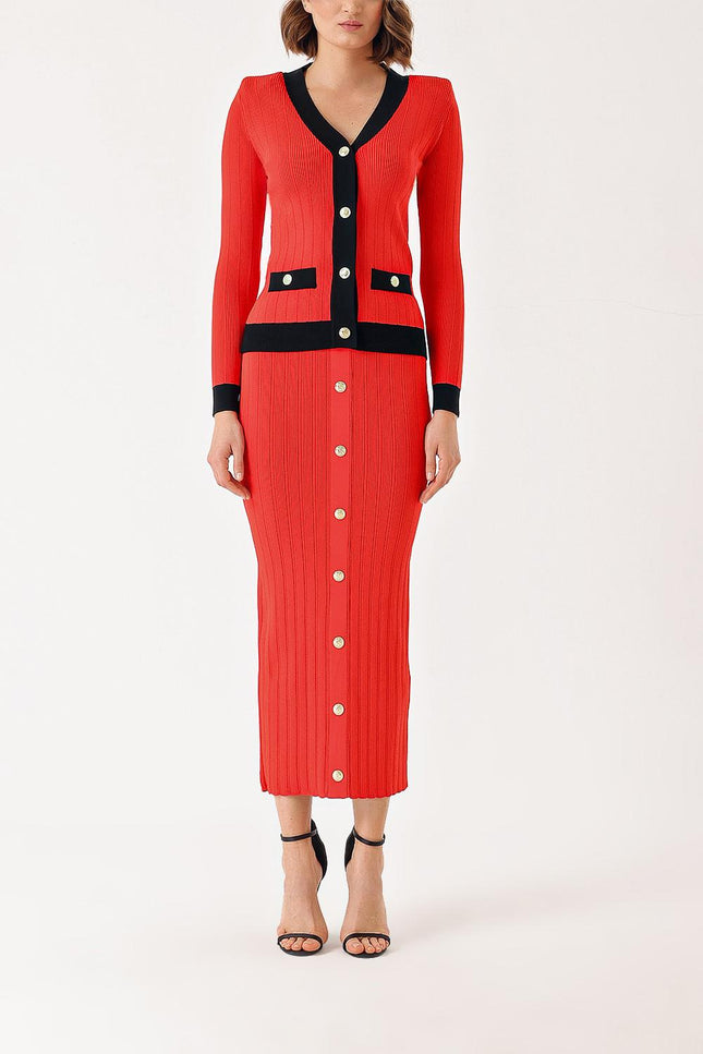 Red Black Button detailed cardigan and skirt suit 28850