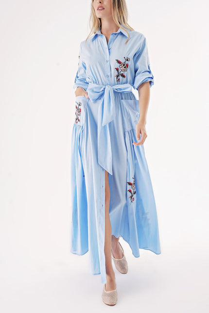 Light Blue Taffeta embroidered maxi shirt dress 94497