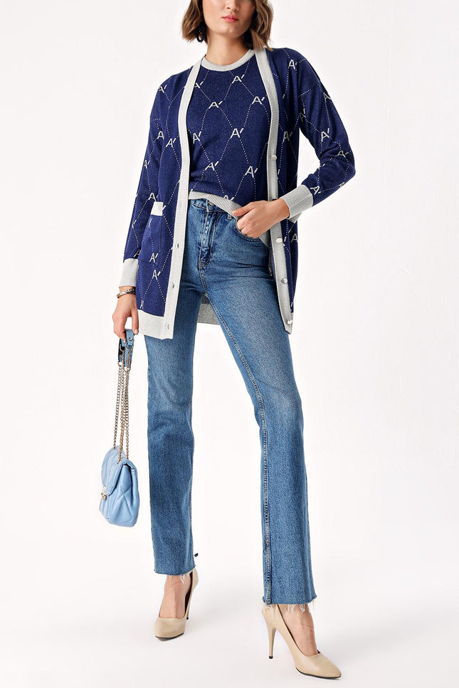 Navy Blue short sleeve blouse and long shiny cardigan twin set 28856