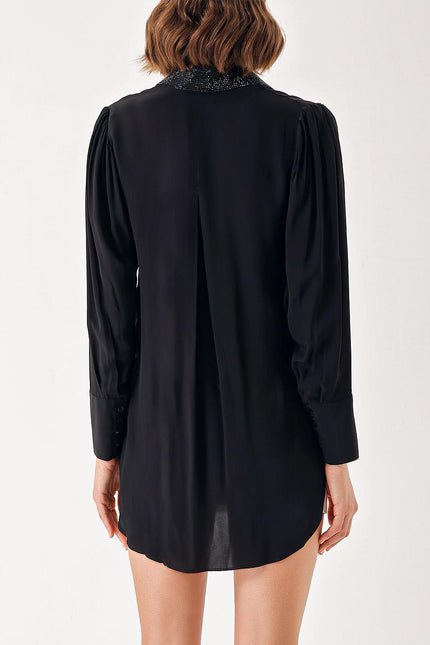 Black Loose-cut collared shirt with crystal stone detail 10838