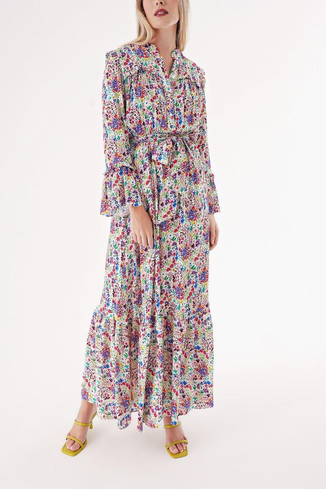 Floral Printed Long dress with elasticated gathers at the waist 94541