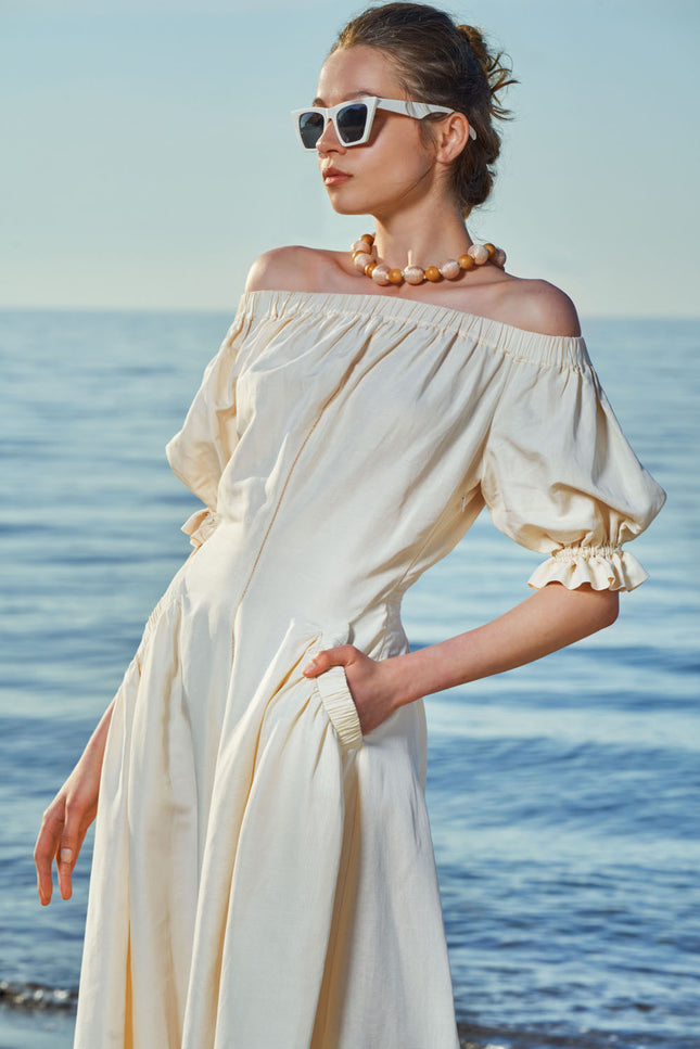 Ecru Off shoulder  elastic  linen dress  93569