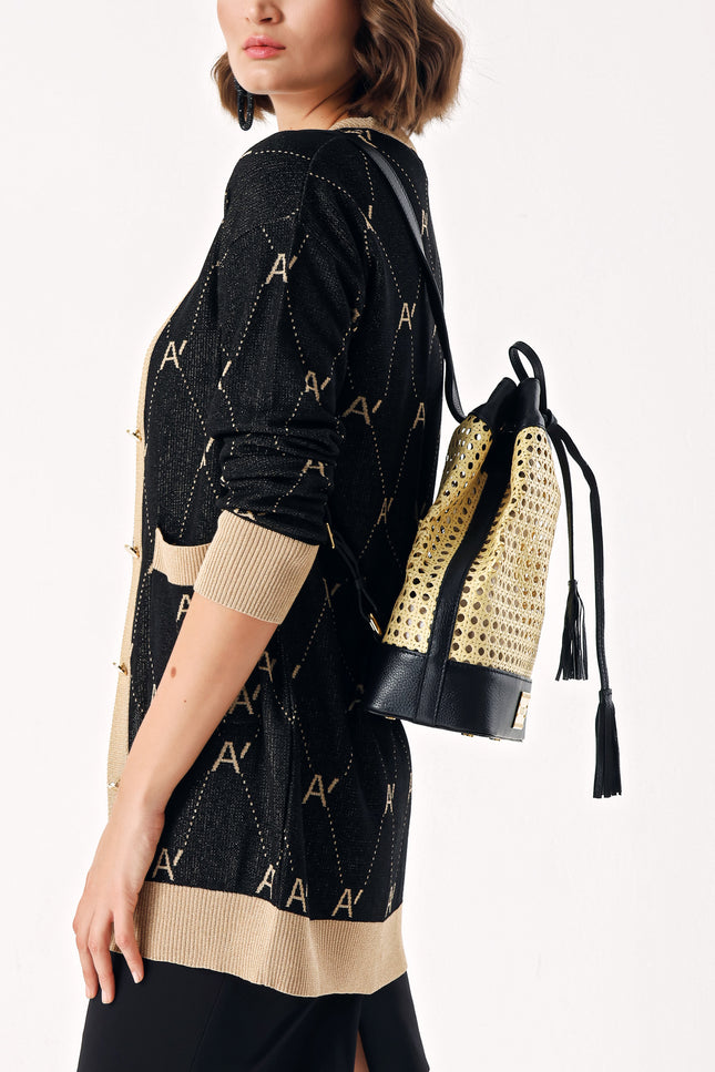 Black Straw bag with accessory detail 23015