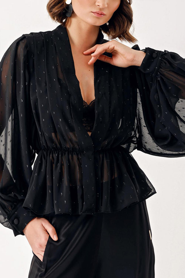 Spotted Double-breasted, draped loose chiffon shirt 10829