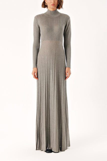 Gray High collar pleated skirt long knitwear dress 28848