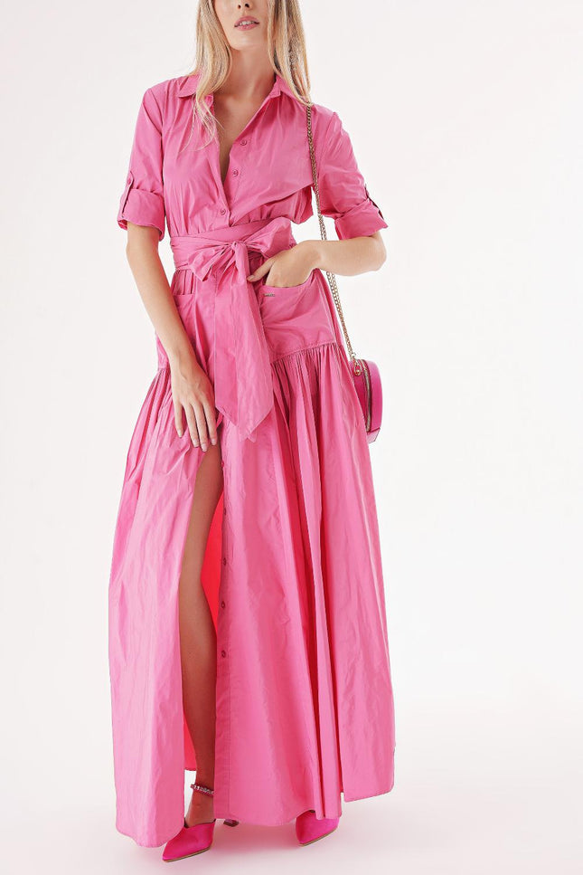 Pink Pleated maxi taffeta shirt dress 94198