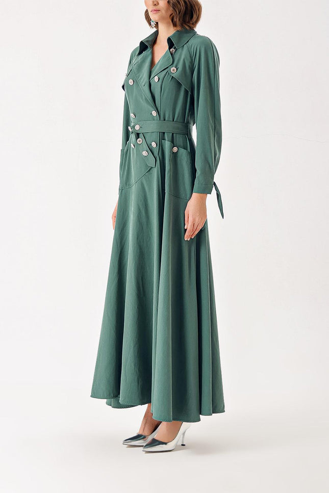 Green Long trench dress with crystal button detail 94400