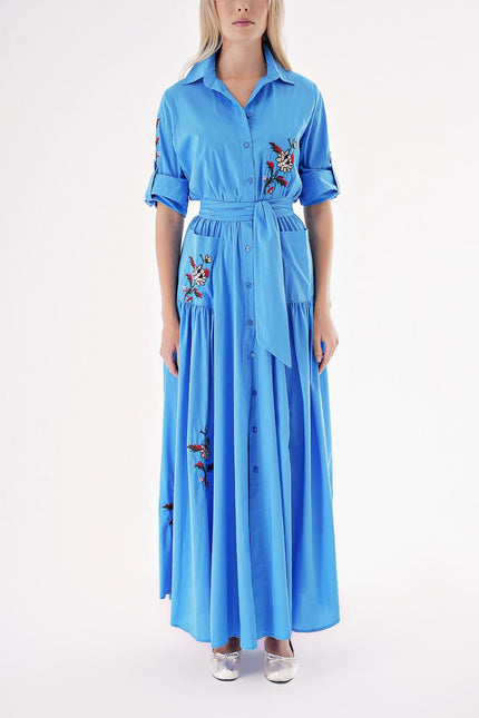 Blue Taffeta embroidered maxi shirt dress 94497