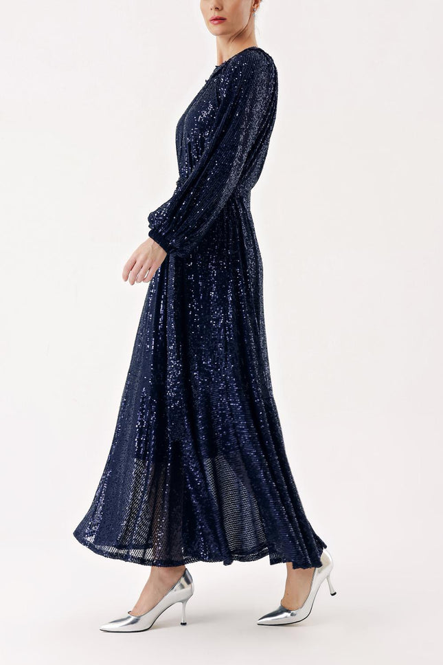 Navy Blue Ruched detail sequined balloon sleeve dress 94468