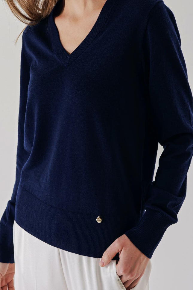 Navy Blue V-neck wool knit sweater 28868