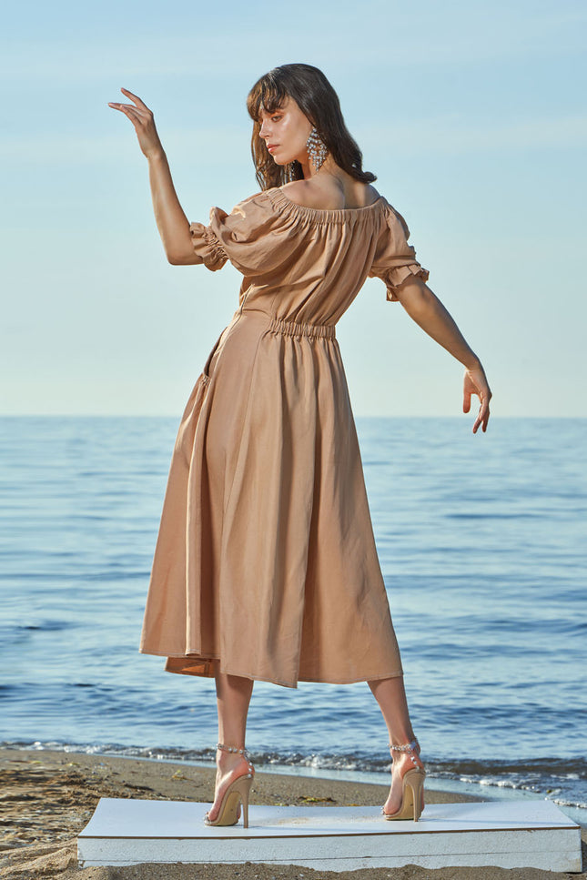 Camel Hair Off shoulder  elastic  linen dress  93569