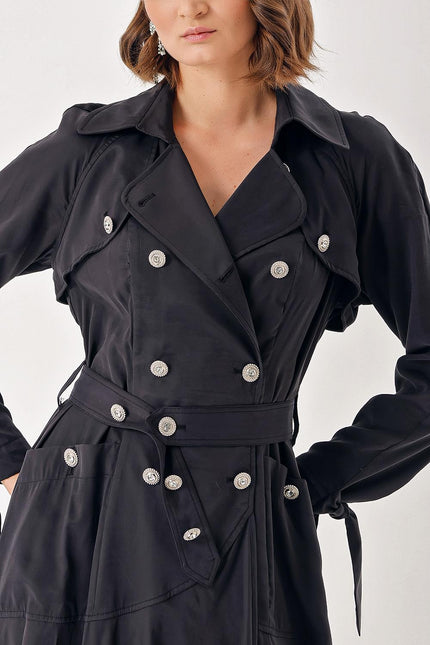 Black Long trench dress with crystal button detail 94400