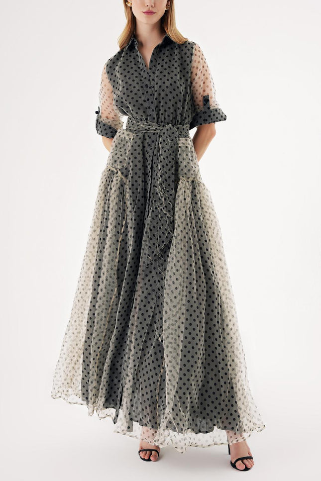 Spotted Gathered long shirt dress with elastic waist 94573